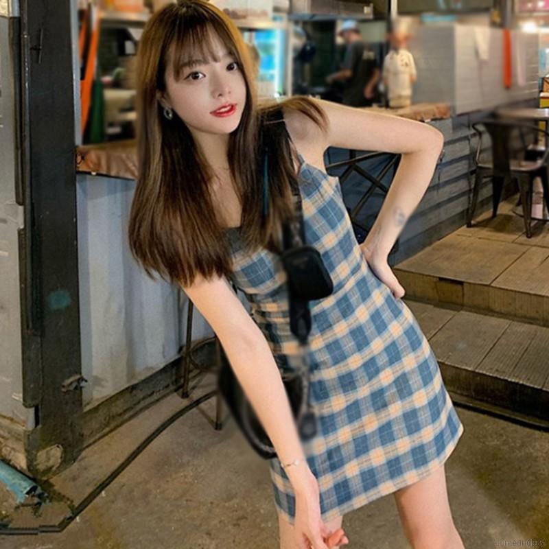 Đầm Nữ Hai Dây Họa Tiết Caro Phong Cách Retro Hàn Quốc