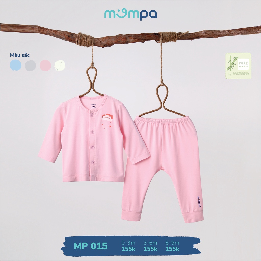 Bộ quần áo sơ sinh dài tay 4 mùa Mompa 0-9 tháng vải sợi tre Bamboo mềm mịn co giãn thấm hút thoáng da cúc giữa 014 015