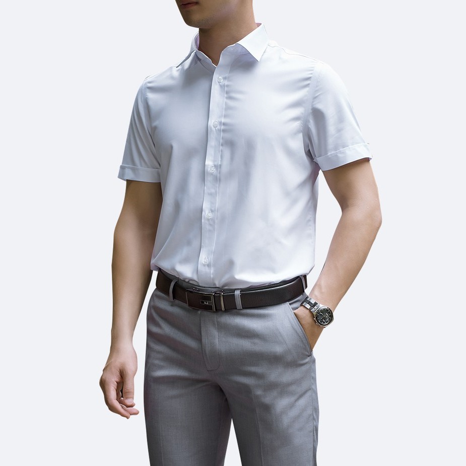 Áo sơ mi nam ngắn tay TQQ dáng Slimfit Công sở M001CSC-CB chất vải cotton thoáng mát màu trơn