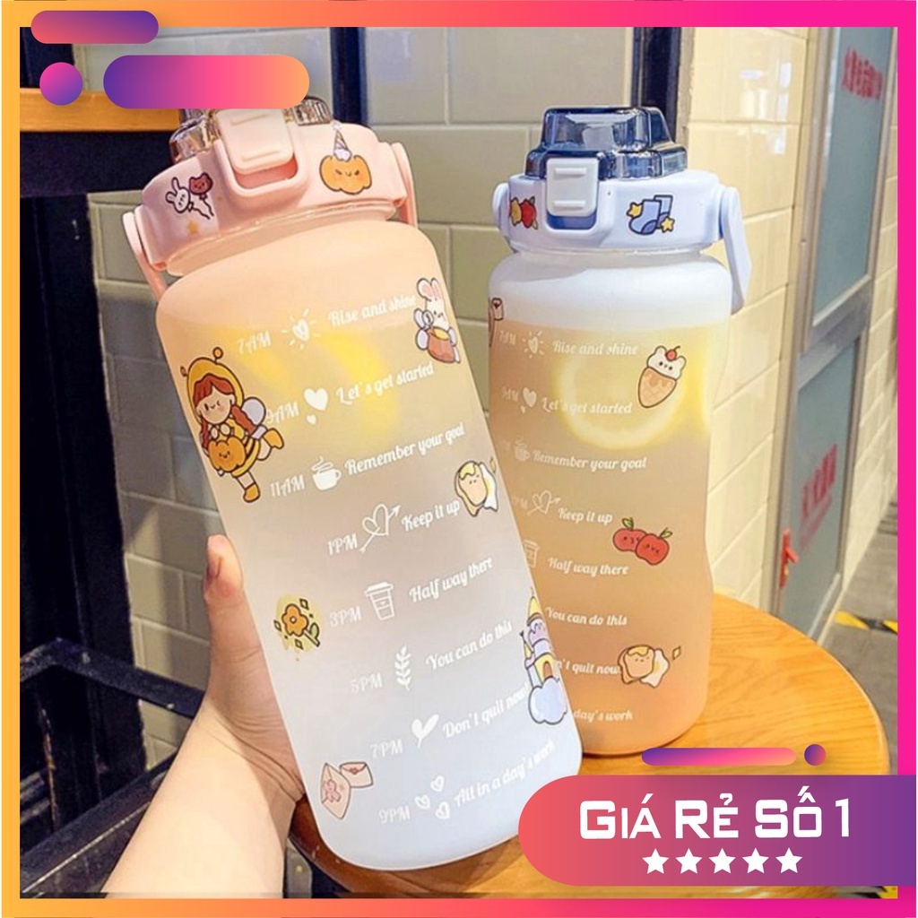 Bình nước hot tiktok 2 lít dành cho người lười uống nước bình nước cute 2L có ống hút, vạch chia nhắc giờ