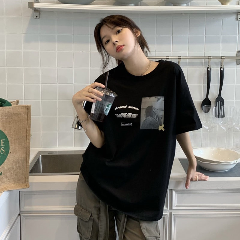 Áo Thun Cổ Tròn Dáng Rộng In Họa Tiết Thời Trang Mùa Hè Phong Cách Hàn Quốc Mới