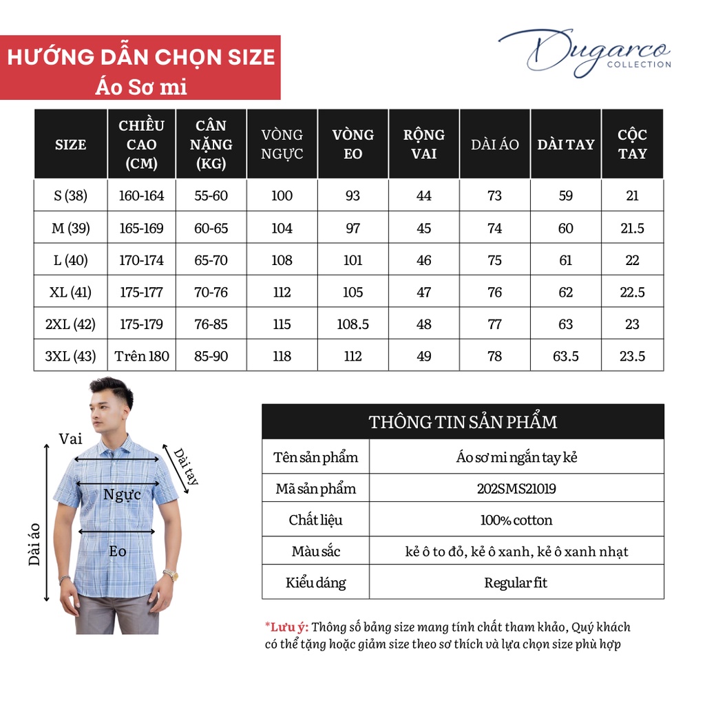 Áo sơ mi nam TAY NGẮN CARO Công sở Dugarco chất cotton form slimfit thoáng mát 202SMS21019