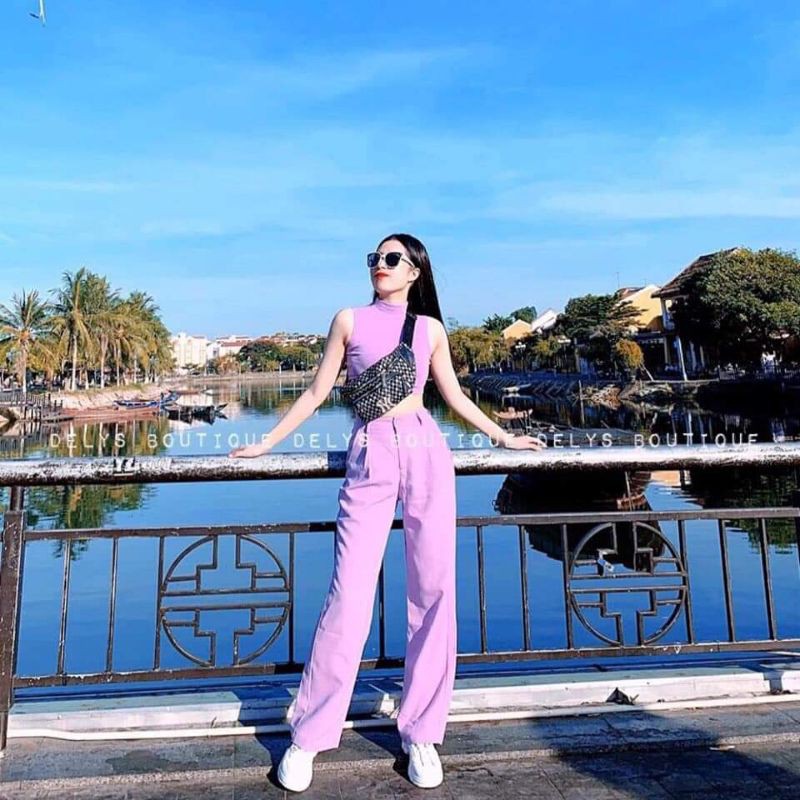 Quần tây suông tím ống rộng
