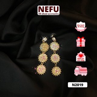 Bông Tai Nữ NEFU N2019 Bạc 925 mạ vàng đính đá xà cừ Phong Cách Hàn Quốc Dáng Dài Cao Cấp 70mm