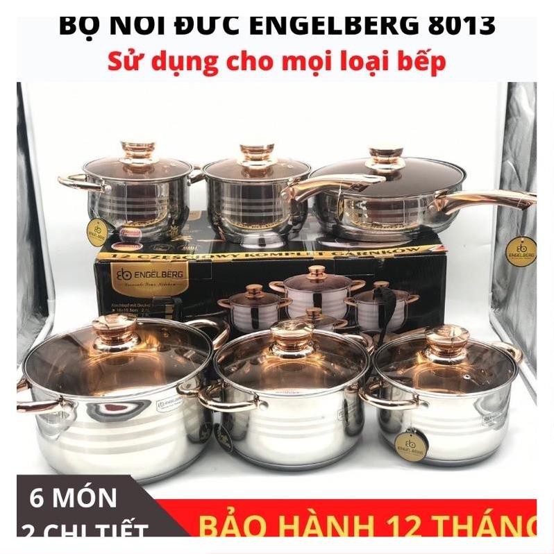 Bộ Nồi Inox 6 Món 5-9 Đáy 12 Chi Tiết, Chống Dính Đức CHEF&CHE/ ENGELBER/KaisaVila- Ko Gỉ Kèm Năp Kính, Dùng Mọi Bếp