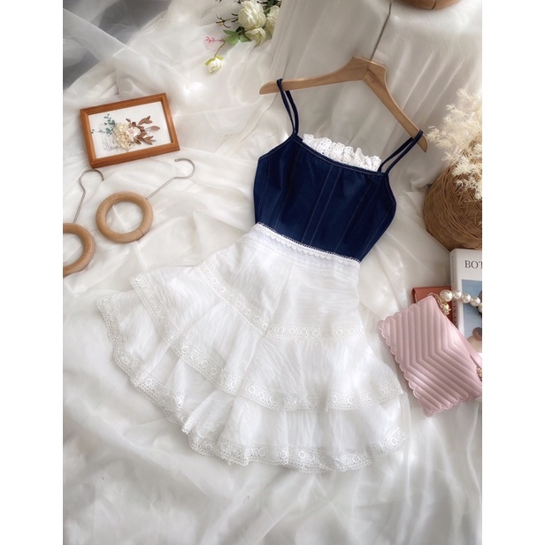 SET ÁO HAI DÂY DENIM + QUẦN SHORT TRẮNG TẦNG SANG CHẢNH [kèm ảnh thật]