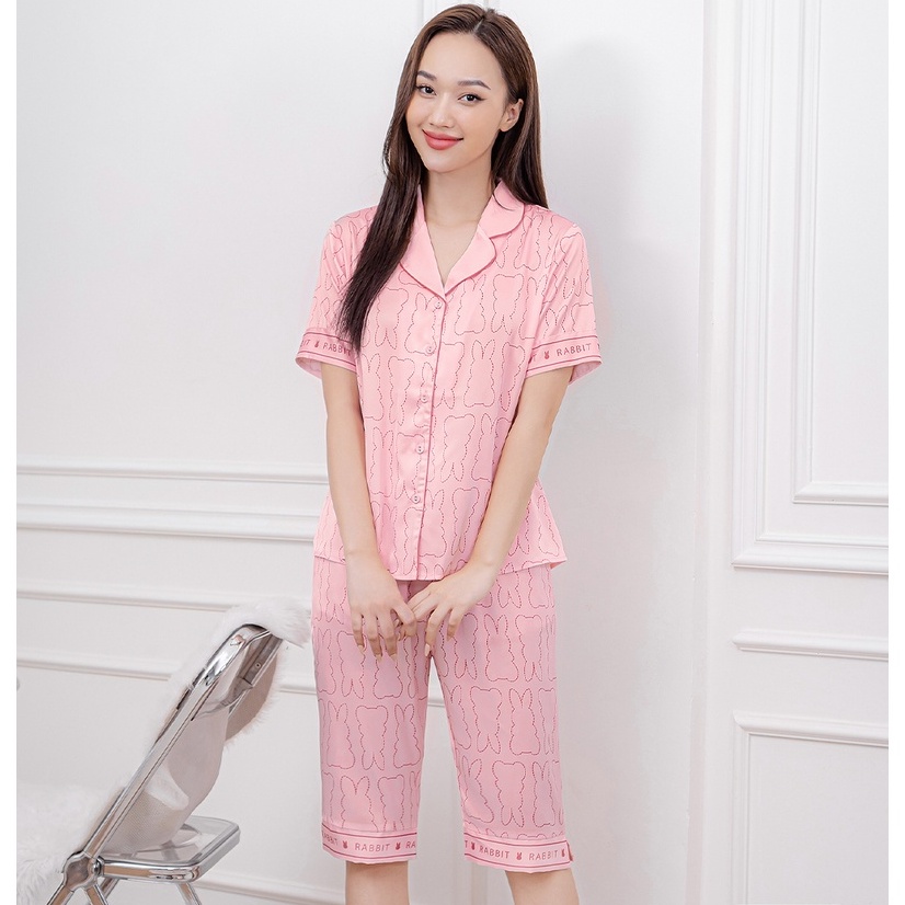 Bộ ngủ satin ZAM Luxury - SLA84 - áo ngắn tay quần lửng họa tiết