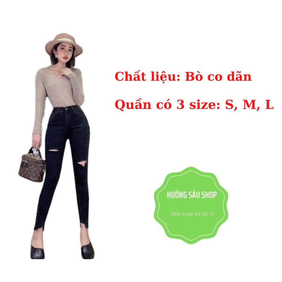 Quần Jean Đen Nữ Lưng Cao, Quần Bò Nữ Ôm Rách Co Dãn