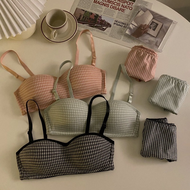 1 Bộ Đồ Lót Nữ Họa Tiết Kẻ Sọc Caro + Áo Ngực Mềm Không Dây Có Thể Tháo Rời | BigBuy360 - bigbuy360.vn