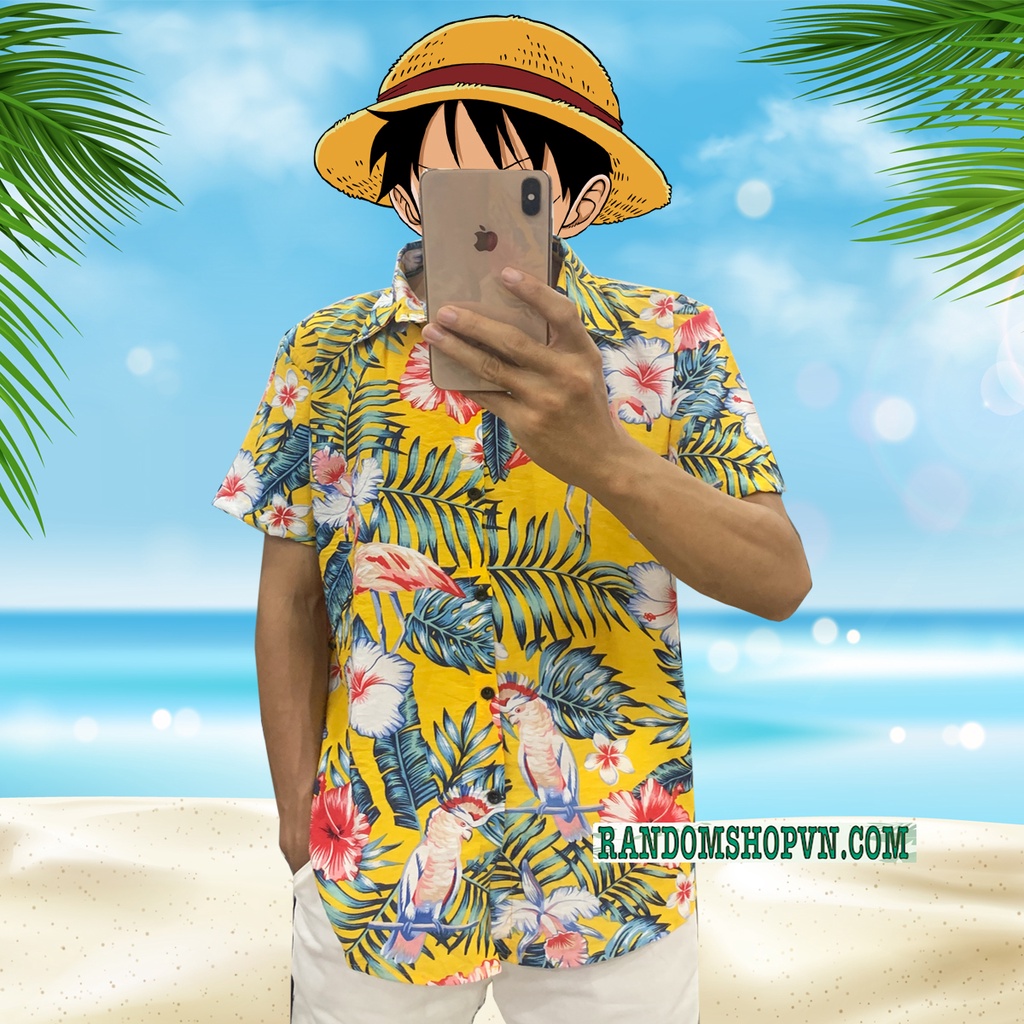 Áo sơ mi hoa lá chim cò đi biển, chất đũi mềm mát nam nữ mặc đẹp