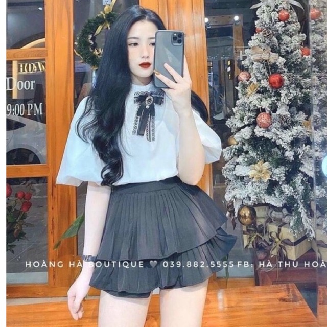 Áo sơ mi tay bồng kèm nơ sang chảnh