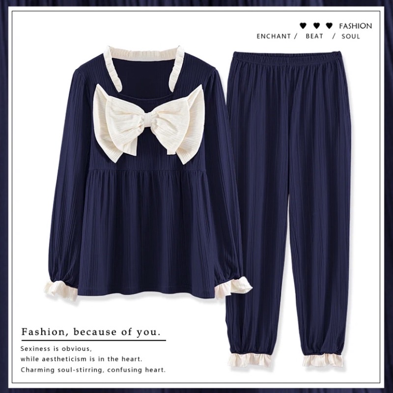 Bộ Mặc Nhà Nơ Cotton Dài Tay