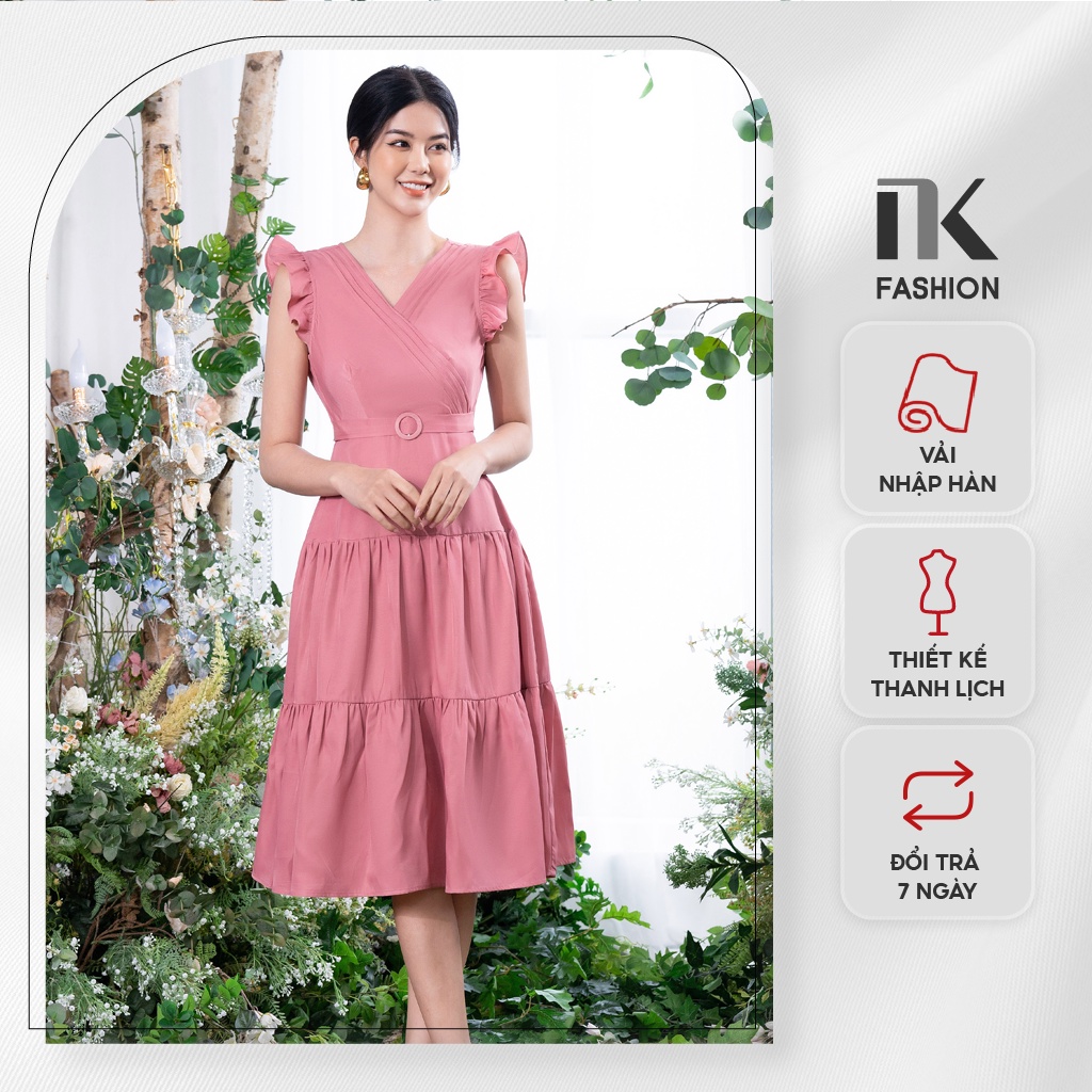 Đầm Dáng Xòe Nữ NK Fashion Thiết Kế Sát Nách Vai Bèo Thân Nhún Tầng Nữ Tính, Chất Vải Nhập Hàn Cao Cấp NKFDV2206003