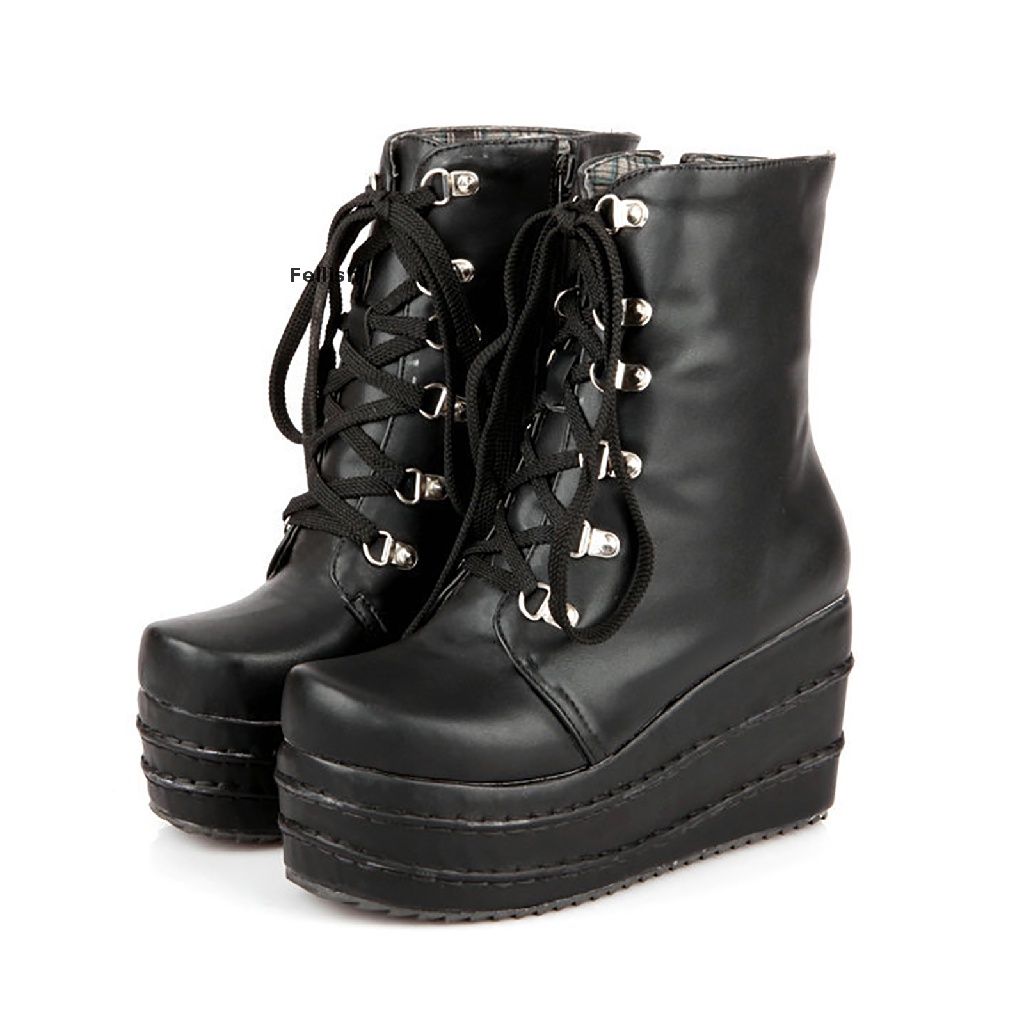 [Fellish] Womens Chunky Platform Wedge Boots Punk Goth Combat Ankle Booties 436VN