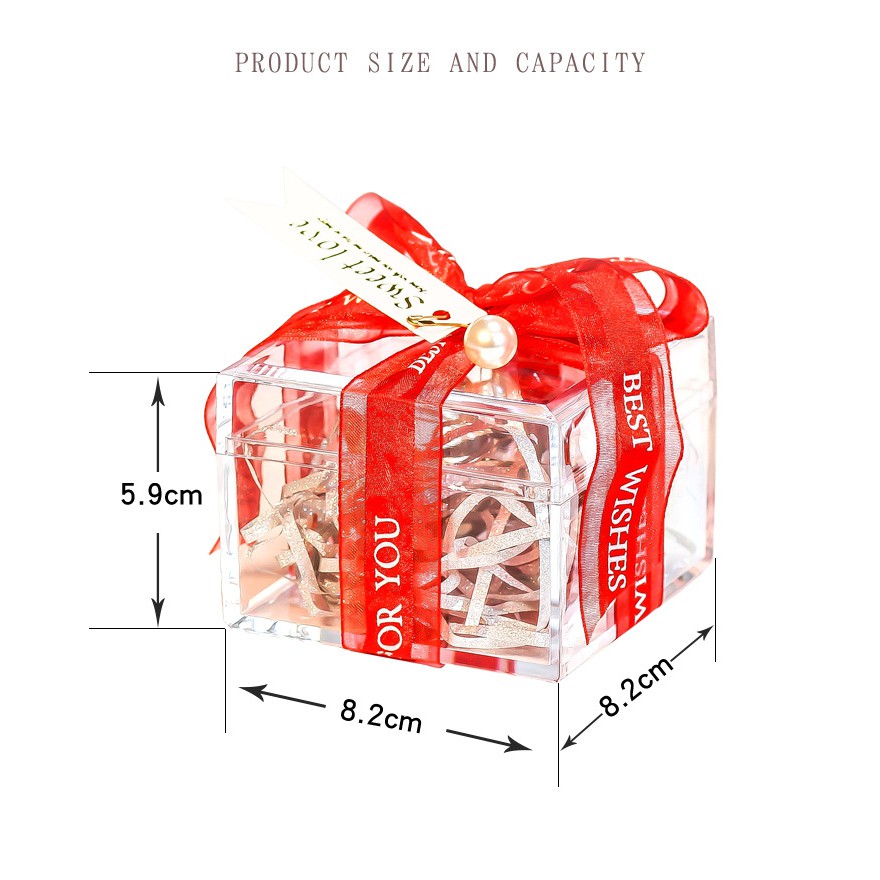 Hộp đựng quà trong suốt mica cứng thắt ruy băng, đính ngọc, rơm lót, hộp trong suốt trang trí | BigBuy360 - bigbuy360.vn