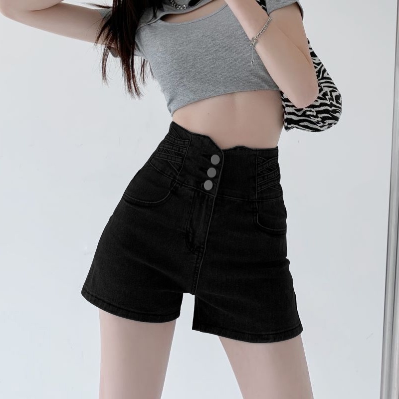 Quần Short Denim Màu Đen Lưng Cao Thời Trang Mùa Hè Phong Cách Hàn Quốc Cho Nữ