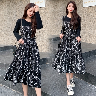 Váy Nữ Fashion Hepburn Style Stitching Floral Dress Temperament High Waist Thin Long Sleeve Maxi Dress Women