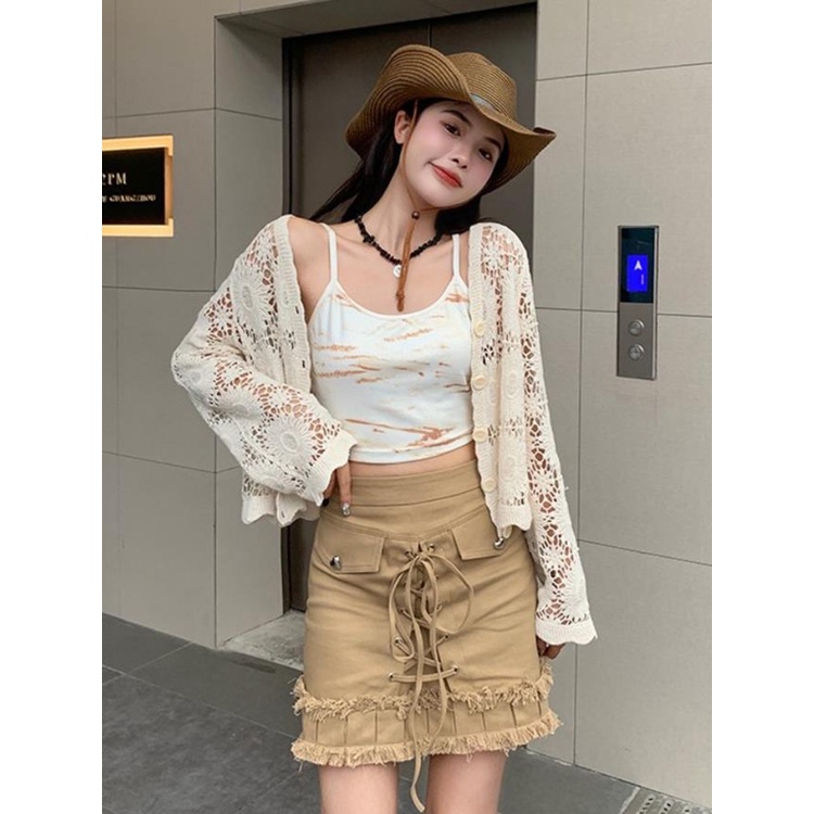 QKOOLE  Áo Khoác cardigan + Áo Sát Nách Nhuộm Màu Thời Trang Hàn Quốc Cho Nữ