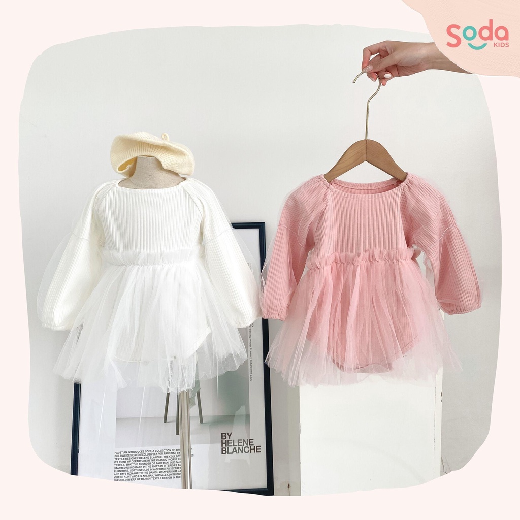 Body bé gái thiết kế voan xòe tiểu thư, tay bồng phối voan, chất liệu thun tăm co giãn phong cách Hàn Quốc