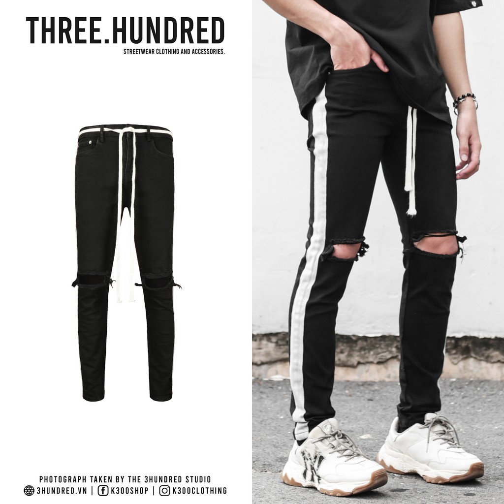 Quần Skinny Jeans Nam-Màu Đen-Rách Gối-1 Sọc Trắng-Chất Liệu Cotton Co Giãn-Ống Đứng Dáng-Ống Ôm Chân Chuẩn Skinny | BigBuy360 - bigbuy360.vn