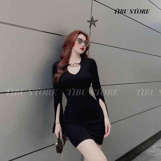 Váy Body Dài Cổ Tim Tay Loe TIBU Cao Cấp Đầm Body Ôm Sát Phối Xích Vải Thun Gân Mềm Mịn Thoáng Mát Siêu Xinh