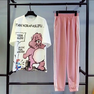 Sét Bộ Đồ Nữ Mặc Đi Chơi Dạo Phố Mùa Hè, Áo Phông Cotton In Gấu Bụng Trắng Kèm Quần Thun Bo Gấu Phong Cách Hàn Quốc