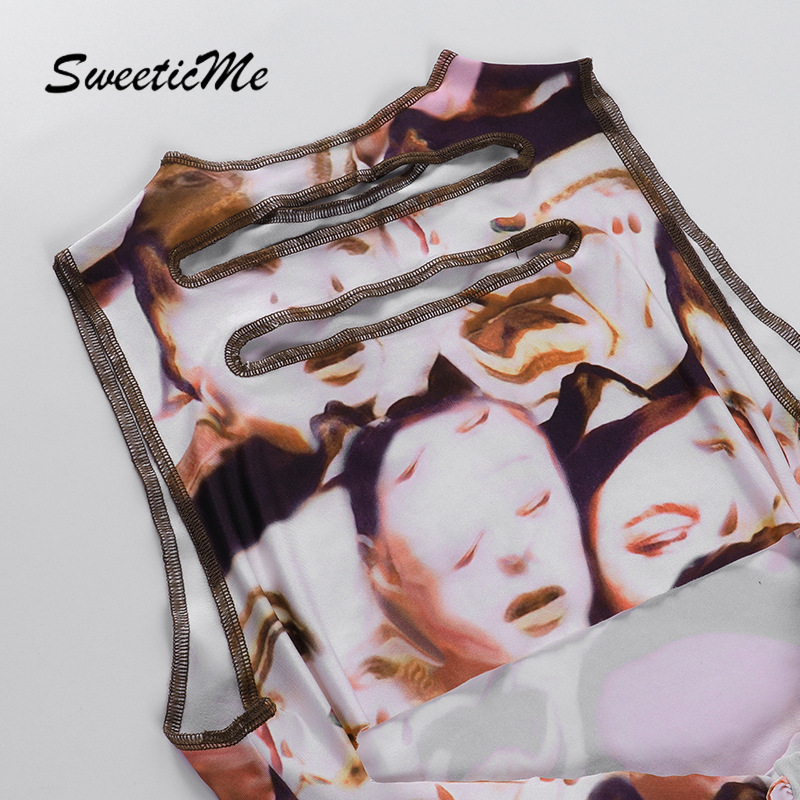 SweeticMe Women's 2021 New Head Print Hollow Sleeveless Sexy Irregular Vest | BigBuy360 - bigbuy360.vn