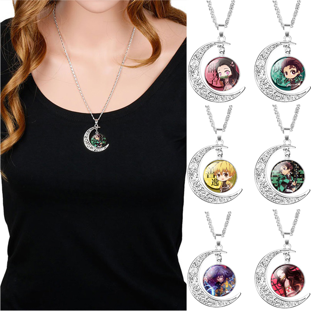 FORBETTER Unisex Pendant Necklace Women Cosplay Necklace Anime Demon Slayer Necklace Kamado Tanjirou Trendy Moon Men Kimetsu no Yaiba Chain Choker Glass Jewelry