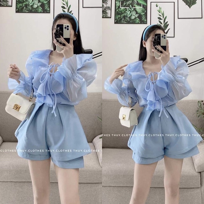 Set áo xanh cổ bèo tay khúc