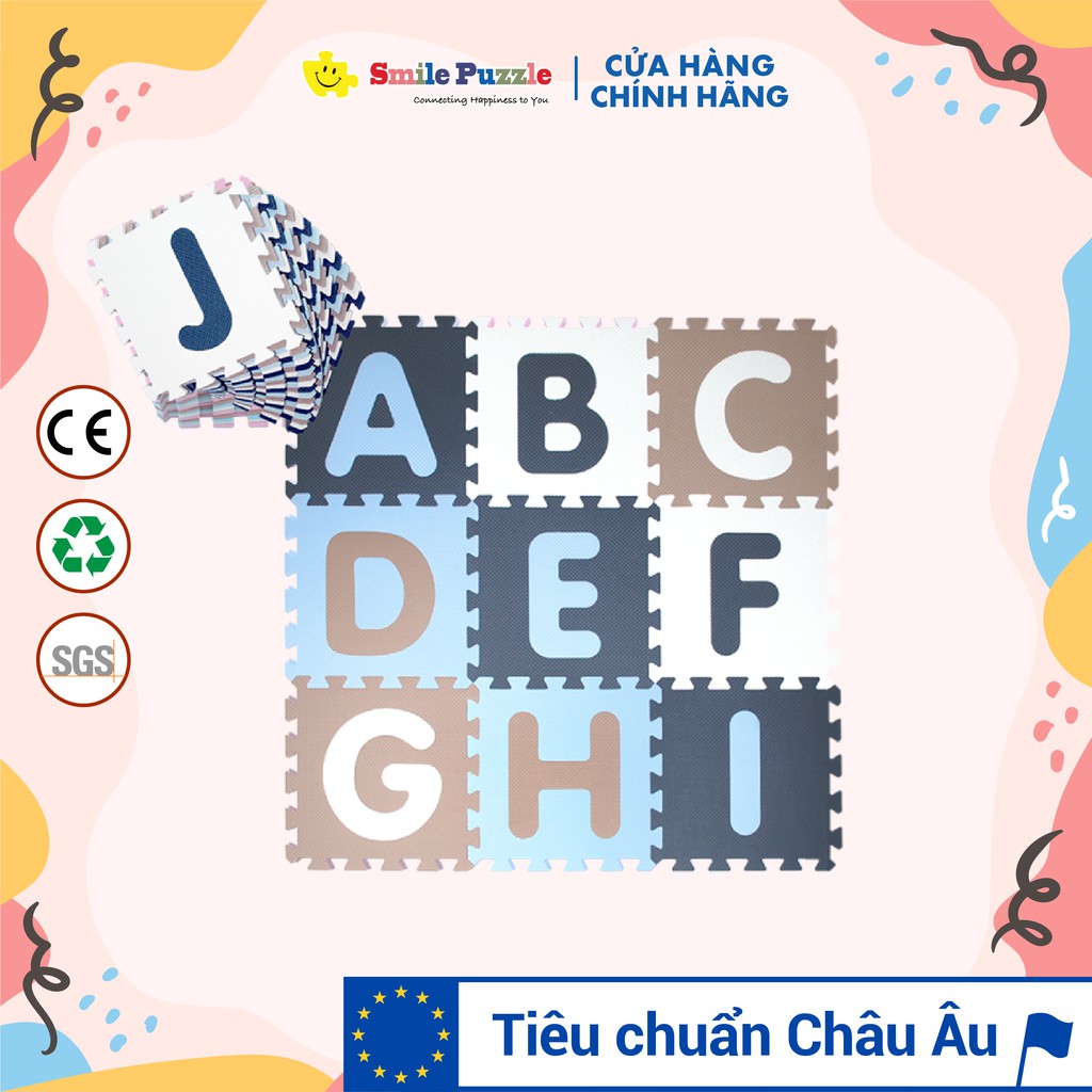 THẢM CHƠI CHO BÉ SMILE PUZZLE – CHỮ CÁI PASTEL – KHÔNG MÙI – TIÊU CHUẨN CHÂU ÂU (26 miếng, kích thước 1,5mx1,5m)