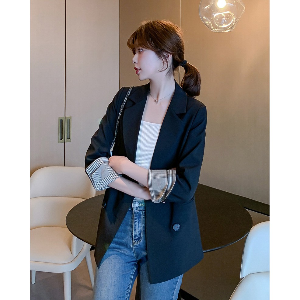 Áo Blazer màu đen cổ tay caro, áo vest công sở kiểu hàn quốc, áo khoác blazer chất vải cao cấp TN1318-Đn | BigBuy360 - bigbuy360.vn