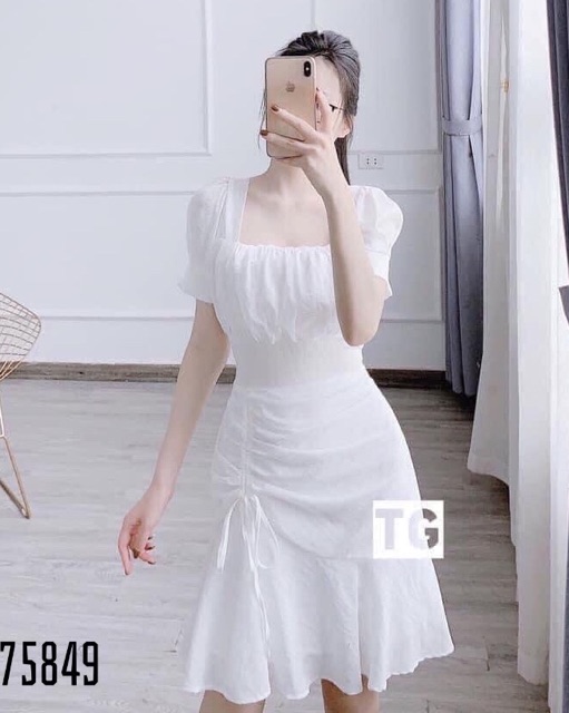 [Kèm ảnh thật]🍒Đầm trắng dự tiệc xoè nhẹ ngực nhún tà rút dây (Free/big size XL, 2XL) | BigBuy360 - bigbuy360.vn