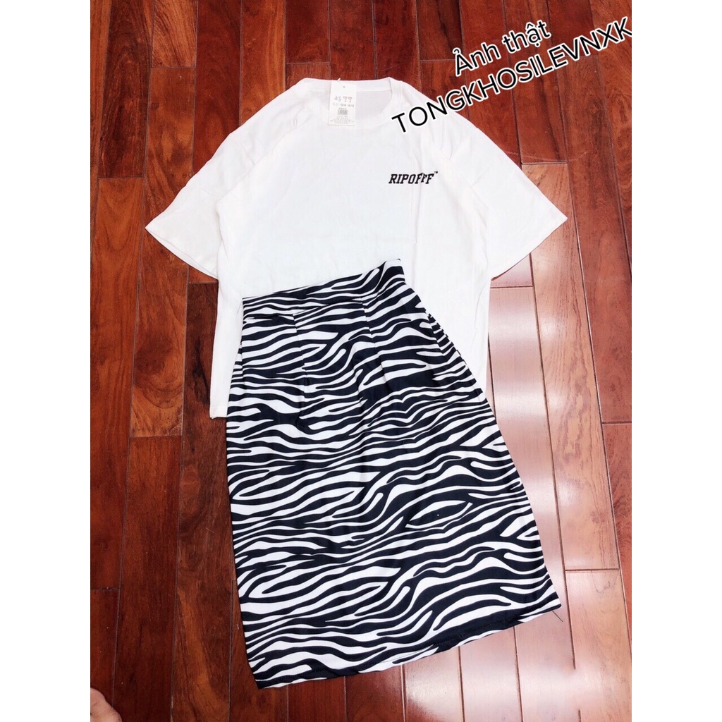 Set Áo Phông Trắng Off Mix Chân Váy Chữ A Dáng Dài Họa Tiết Da Báo - Chân Váy Midi Dài Sọc Ngựa Vằn Thời Trang 2022