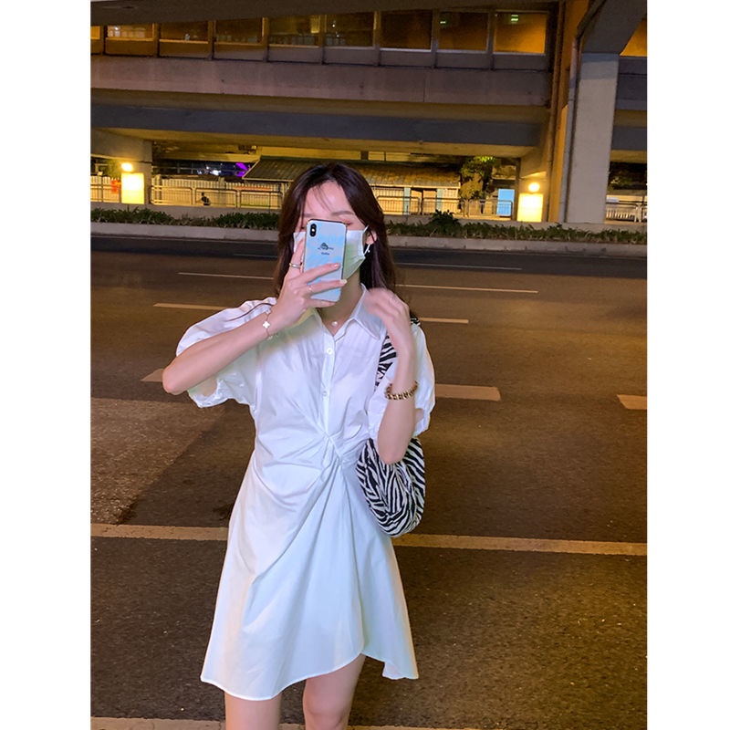 Đầm Trắng Tay Phồng Thiết Kế Lệch Tà Thời Trang Mùa Hè Mới Cho Nữ