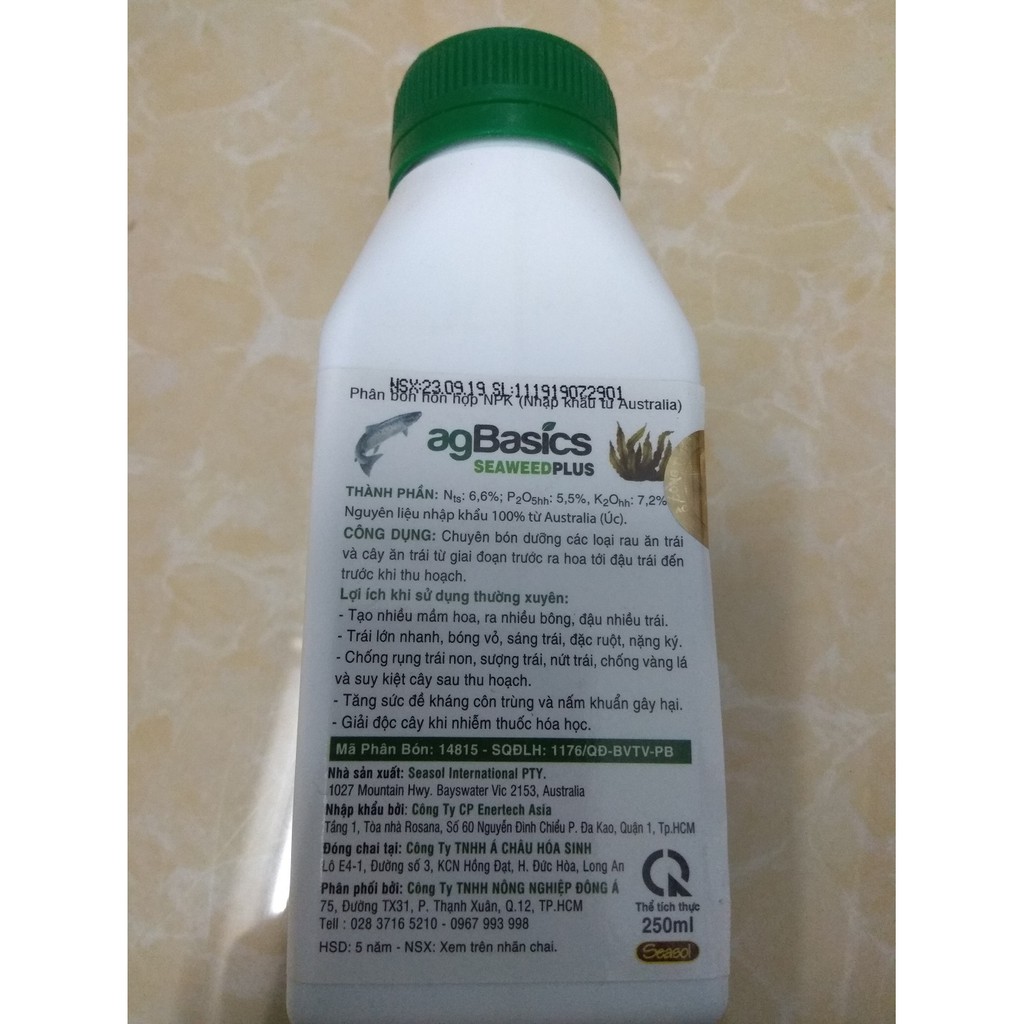 Phân bón hỗn hợp NPK agBasics Seaweed plus nhập khẩu từ Úc - chai 250 ml