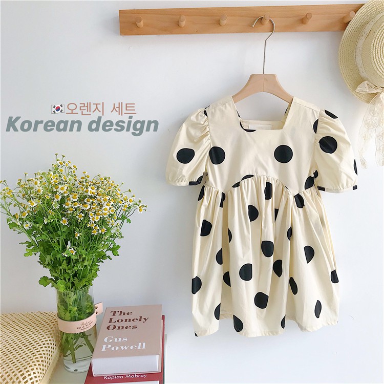 Đầm Bé Gái Chấm Bi Tay Phồng Phong Cách Hàn Quốc