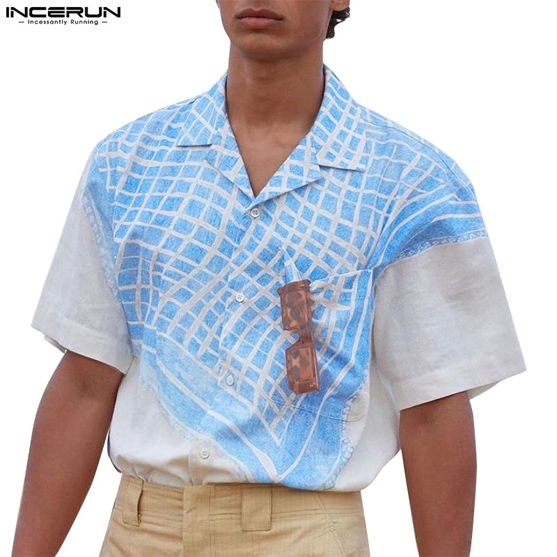 Áo sơ mi INCERUN tay ngắn cài nút họa tiết caro màu xanh dương thời trang cho nam