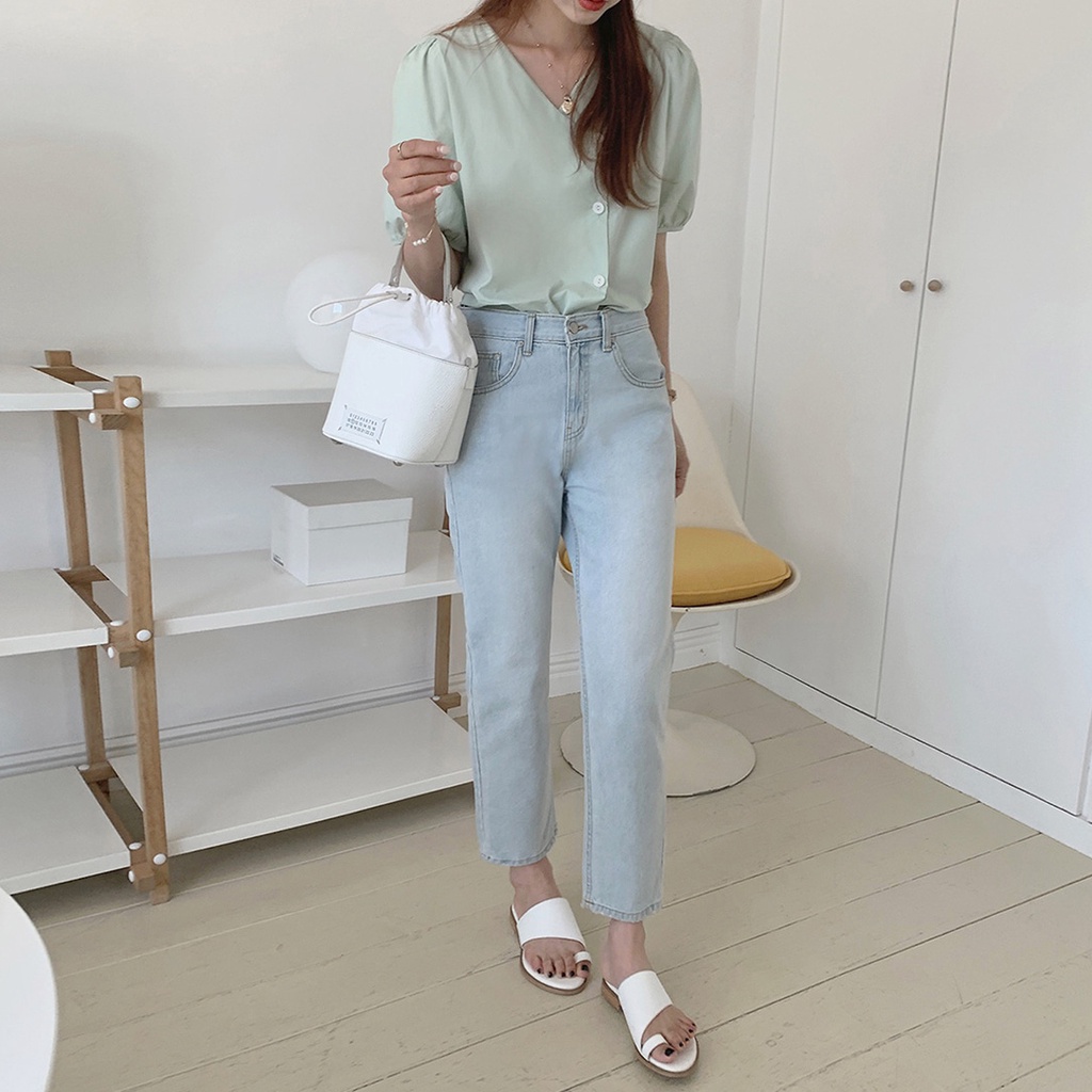 SUXI Áo Sơ Mi Tay Ngắn Cổ Chữ V Dáng Rộng Màu Sắc Đơn Giản Thời Trang Mùa Hè Cho Nữ