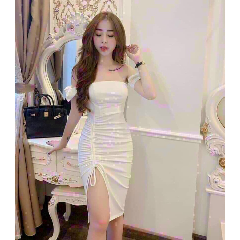 Đầm body trễ vai xẻ tà nơ tay có mút ngực