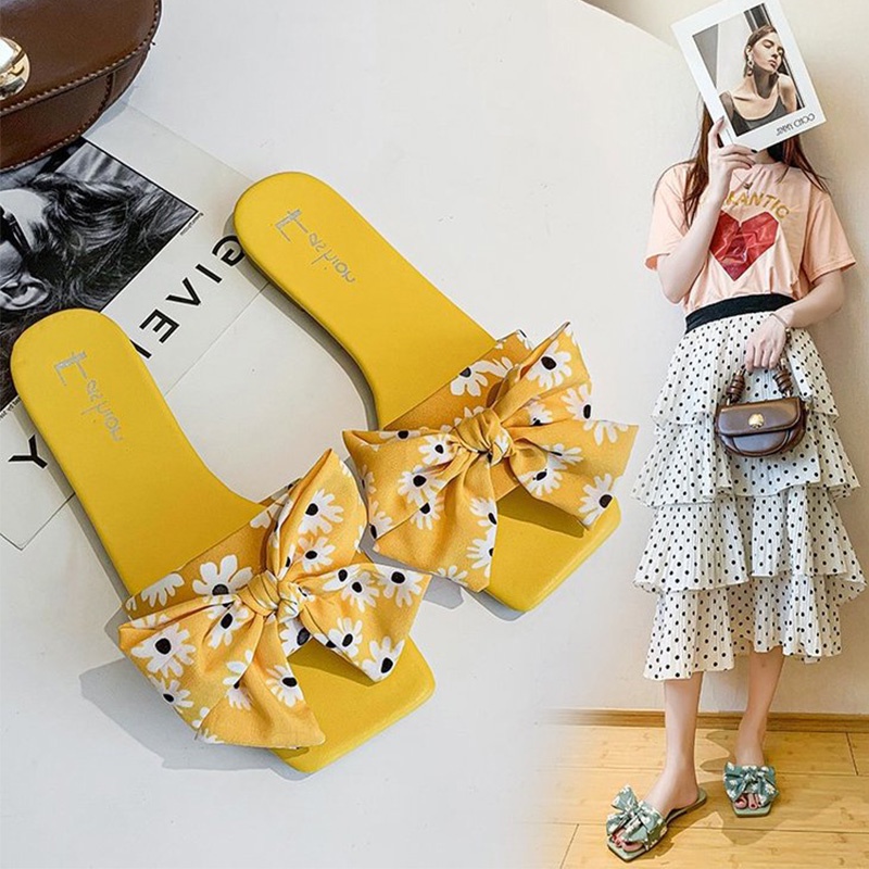 Big Size 35-42 Dép Sandal nữ đế bằng quai ngang đính nơ thời trang