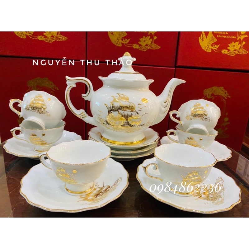 Bộ ấm chén trắng vẽ vàng vẽ cảnh Bát Tràng -DÁNG ẤM PHÚ QUÝ