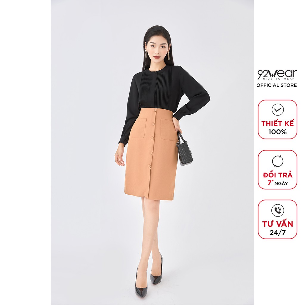 Áo sơ mi nữ công sở 92WEAR thiết kế dài tay xếp ly ngực ASA1321