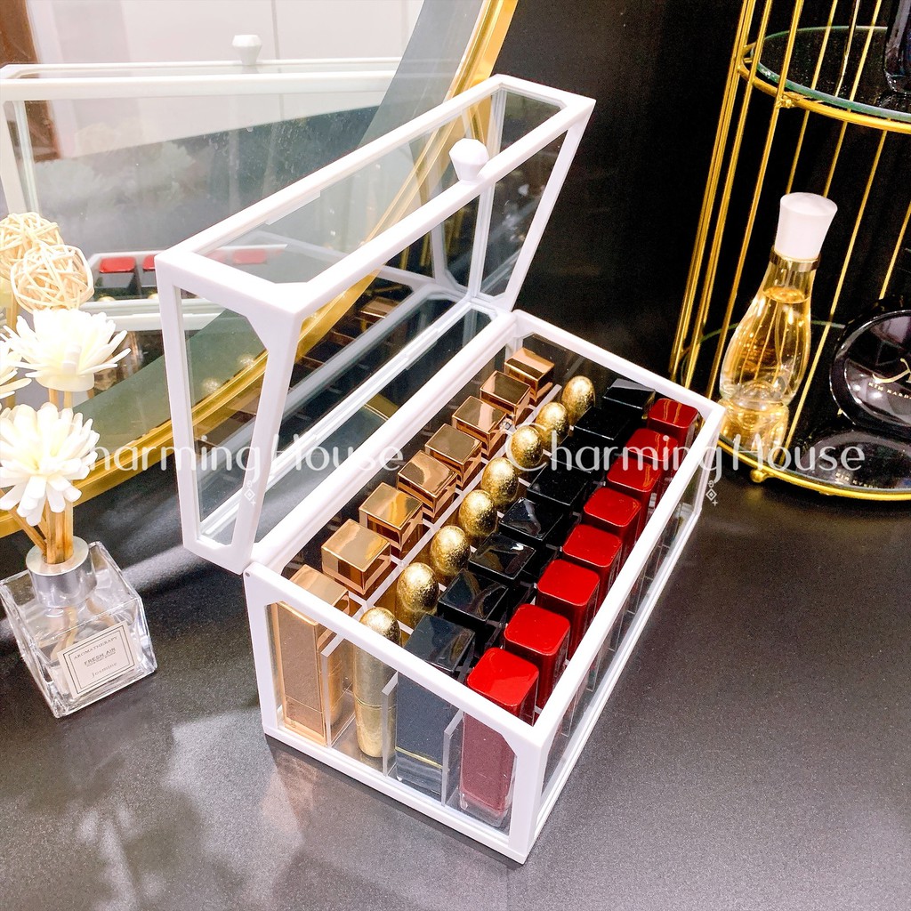 Khay son có nắp cao cấp bằng thủy tinh viền nhựa nhiều với 3 màu trắng đen và hồng có thể tháo lỗi bên trong