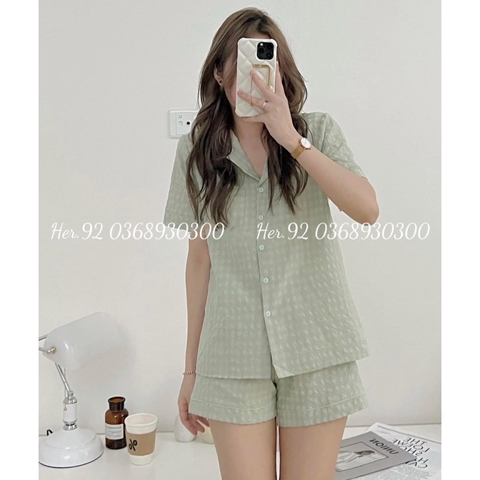Bộ pijama chất đũi mềm hoạ tiết kẻ ô quần đùi áo cộc siêu xinh