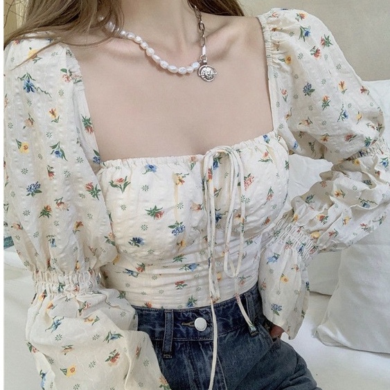 [MURIOKI] Áo Sơ Mi Tay Dài Cổ Thấp In Họa Tiết Hoa Phong Cách Pháp Thời Trang Mùa Thu 2022 Cho Nữ