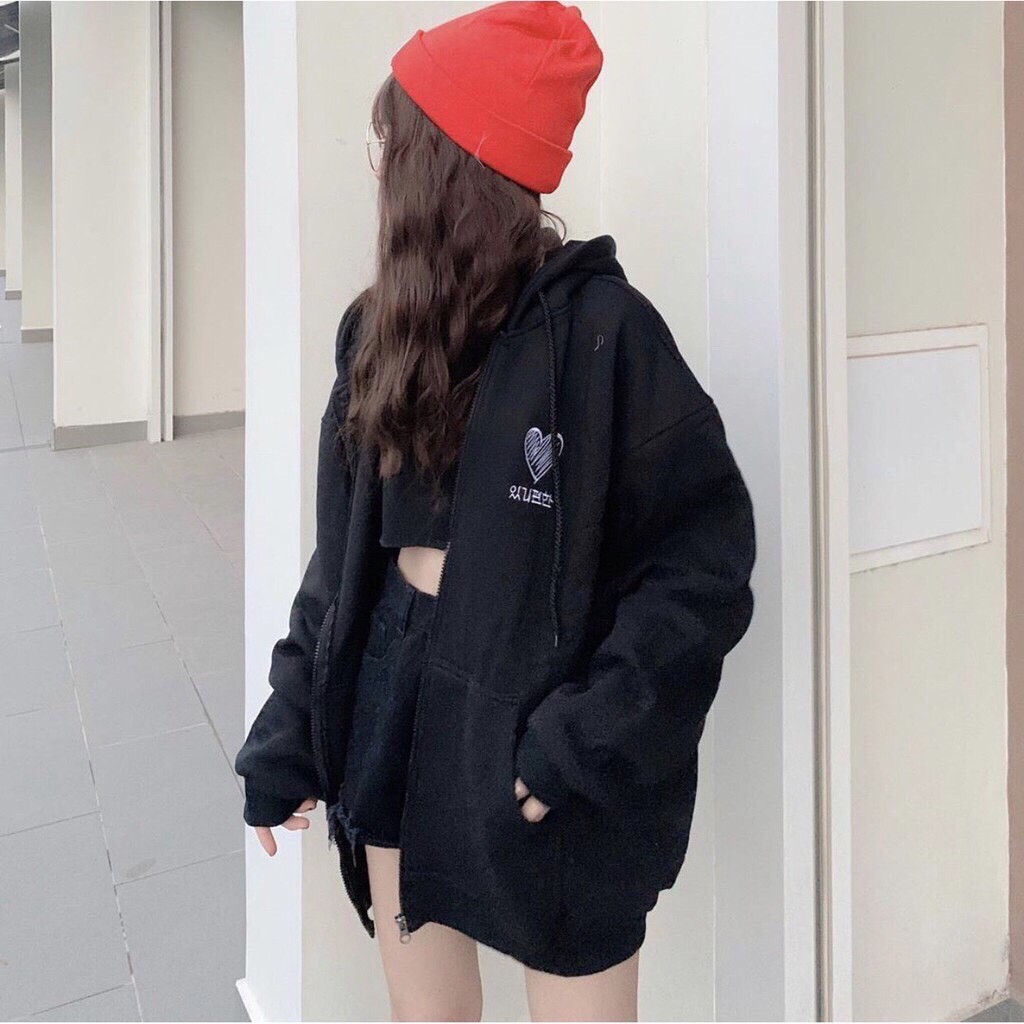 áo khoác nỉ nữ form rộng, áo hoodie in trái tim 0100