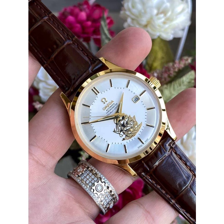 Đồng hồ Nam Omg Constellation bát quái máy nhật Myota vỏ vàng ta mặt trắng dòng cơ Automatic size 40mm dây da