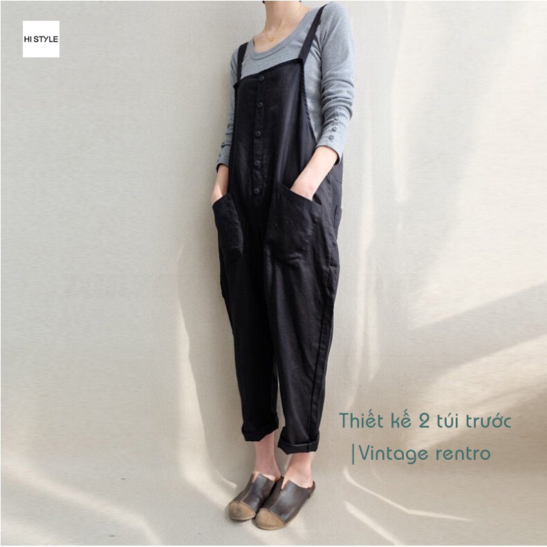 Yếm nữ quần yếm cotton linen casual phong cách Vintage Rentro form rộng rãi, quần yếm Ulzzang form thụng Unisex