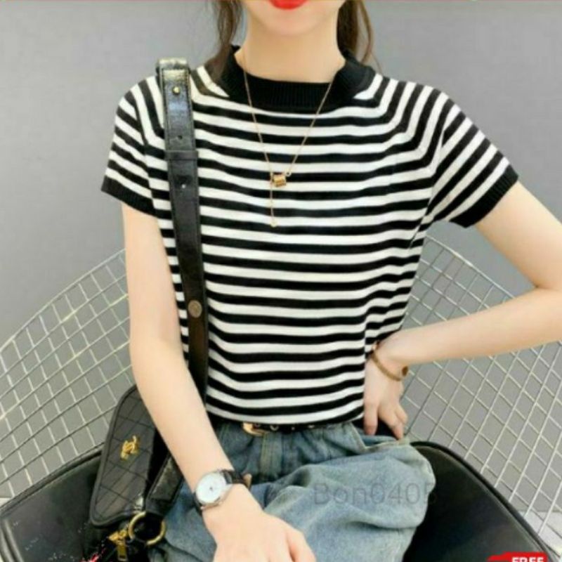 Áo Len Mongtoghi Kẻ Ngắn Tay Cổ Tròn.-Sale rẻ quá ce vợt mặc thu đi ạ!