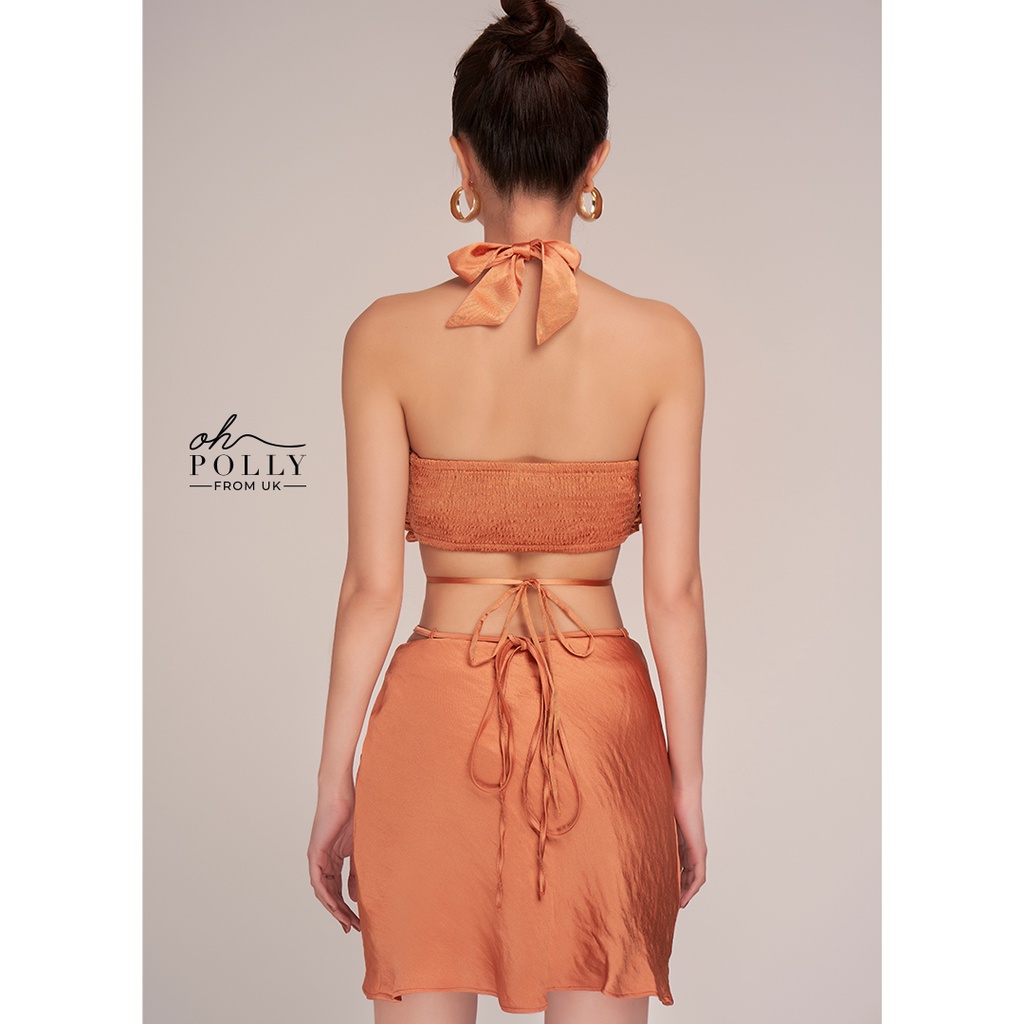 Oh Polly - Set áo croptop, áo nữ hở lưng và váy sexy lụa satin, đồ nữ sang chảnh